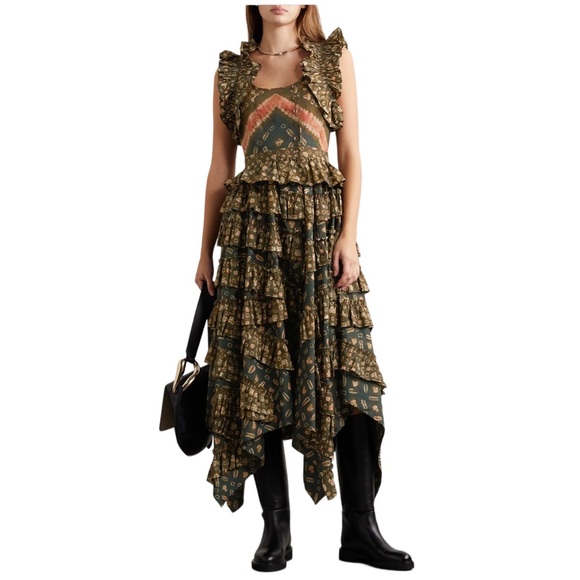 ULLA JOHNSON Nia asymmetric ruffled printed cotton poplin midi dress 8 NWT - Picture 12 of 12